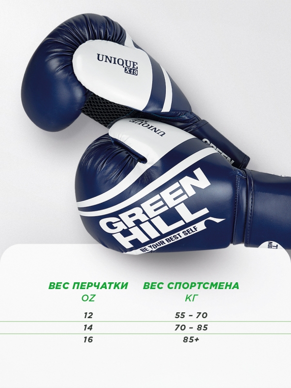 Боксерские перчатки UNIQUE сине-белые Green Hill BGU-2308 12oz