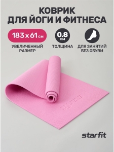 Коврик для йоги и фитнеса FM-101, PVC, 183x61x0,8 см, розовый пастель, Starfit