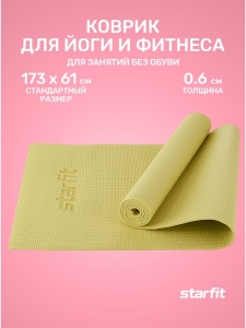 Коврик для йоги и фитнеса FM-101, PVC, 173x61x0,6 см, желтый пастель, Starfit
