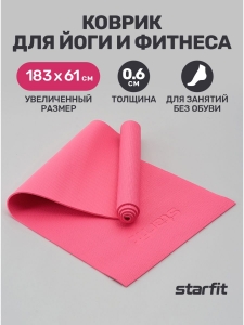 Коврик для йоги и фитнеса FM-101, PVC, 183x61x0,6 см, розовый, Starfit