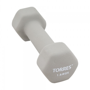Гантель TORRES 1.5 кг, арт. PL550115, металл в неопреновой оболочке, форма шестигранник, серый