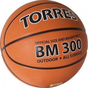 Мяч баскетбольный TORRES BM300, арт. B02015, размер 5, резина, нейлоновый корд, бутиловая камера ера, темно-оранжевый-черный