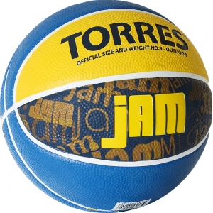 Мяч баскетбольный TORRES Jam, арт. B02043, размер 3, резина, нейлоновый корд, бутиловая камера, синий-желтый-голубой