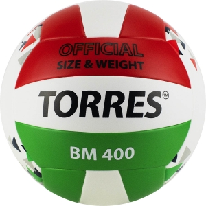 Мяч волейбольный TORRES BM400, арт. V32015, размер 5, синтетическая кожа (ТПУ), клееный, бутиловая камера, белый-красный-зеленый