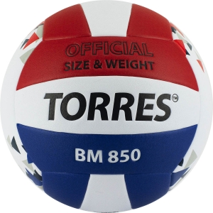 Мяч волейбольный TORRES BM850, V32025, размер 5, синтетическая кожа (ПУ), клееный, бутиловая камера, белый-синий-красный