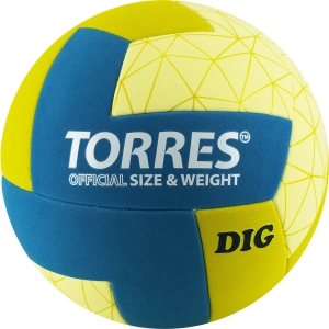 Мяч волейбольный  TORRES Dig арт. V22145, р.5, синтетическая кожа (ТПЕ), клееный, бутиловая камера , горчично-бирюзово-бежевый