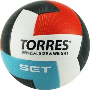 Мяч волейбольный TORRES Set, V32045, размер 5, синтетическая кожа (ТПУ), клееный, бутиловая камера, белый-оранжевый-серый-голубой