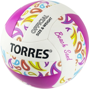 Мяч для пляжного волейбола TORRES Beach Sand Pink, арт. V32085B, размер 5, синтетическая кожа (ТПУ), машинная сшивка, бутиловая камера, белый-розовый