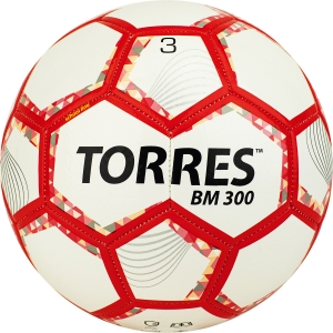 Мяч футбольный TORRES BM 300, арт. F320743, размер 3, 28 панелей, гладкий TPU, 2 подкладочных слоя, машинная сшивка, белый-серебристый-красный