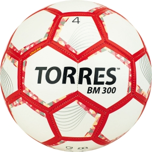 Мяч футбольный TORRES BM 300, арт. F320744 размер 4, 28 панелей, гладкий TPU, 2 подкладочных слоя, машинная сшивка, белый-серебристый-красный