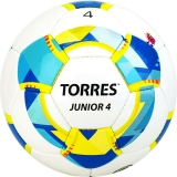 Мяч футбольный TORRES Junior-4, арт. F320234, размер 4, вес 310-330 г, глянцевый ПУ, 3 слоя, 32 панели, ручная сшивка, белый-желтый-голубой