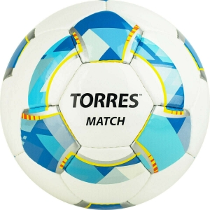 Мяч футбольный TORRES Match, арт. F320025, размер 5, 32 панели PU, 4 подкладочных слоя, ручная сшивка, белый-серебристый-голубой
