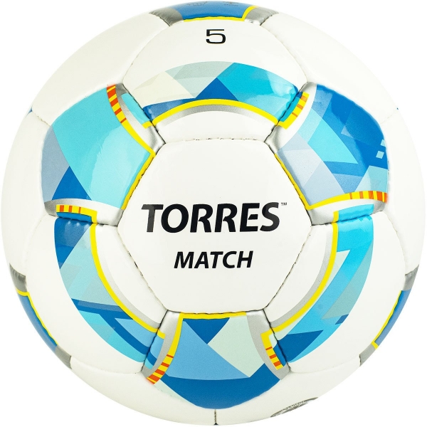 Мяч футбольный TORRES Match, арт. F320025, размер 5, 32 панели PU, 4 подкладочных слоя, ручная сшивка, белый-серебристый-голубой