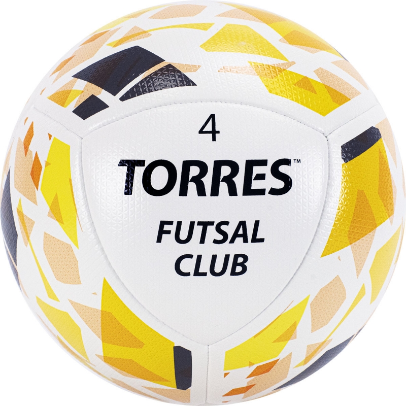 Мяч футзальный TORRES Futsal Club, арт. FS32084, размер 4, 10 панелей PU, 4 подкладочных слоя, гибридная сшивка белый-золотистый-чёрный