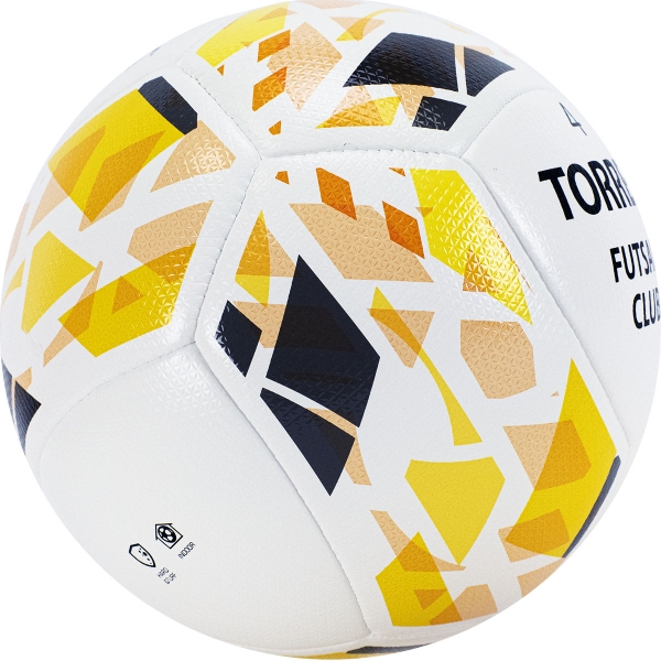 Мяч футзальный TORRES Futsal Club, арт. FS32084, размер 4, 10 панелей PU, 4 подкладочных слоя, гибридная сшивка белый-золотистый-чёрный
