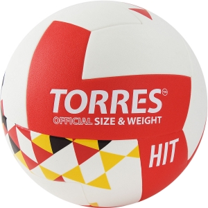 Мяч волейбольный TORRES Hit, V32055 размер 5, синтетическая кожа (ПУ), клееный, бутиловая камера, белый-красный-мультколор
