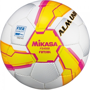 Мяч футзальный MIKASA FS450B-YP , р.4, FIFA Quality Pro, 32 пан, гл.ПУ, руч.сш, бело-желто-розовый