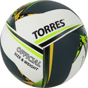 Мяч волейбольный  TORRES Save арт.V321505 р.5, синтетическая кожа (ПУ), гибрид, бутиловая камера, бело-зелено-желный