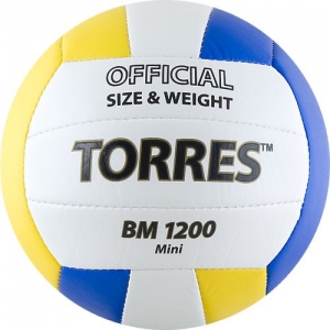 Мяч волейбольный сув. TORRES BM1200 Mini ,арт.V30031, р.1, диам. 15 см синт. кожа (ТПУ),маш.сш,бел-син-желт