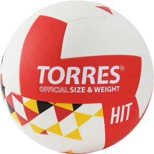 СЦ*Мяч волейбольный TORRES Hit, V32055 размер 5, синтетическая кожа (ПУ), клееный, бутиловая камера, белый-красный-мультколор