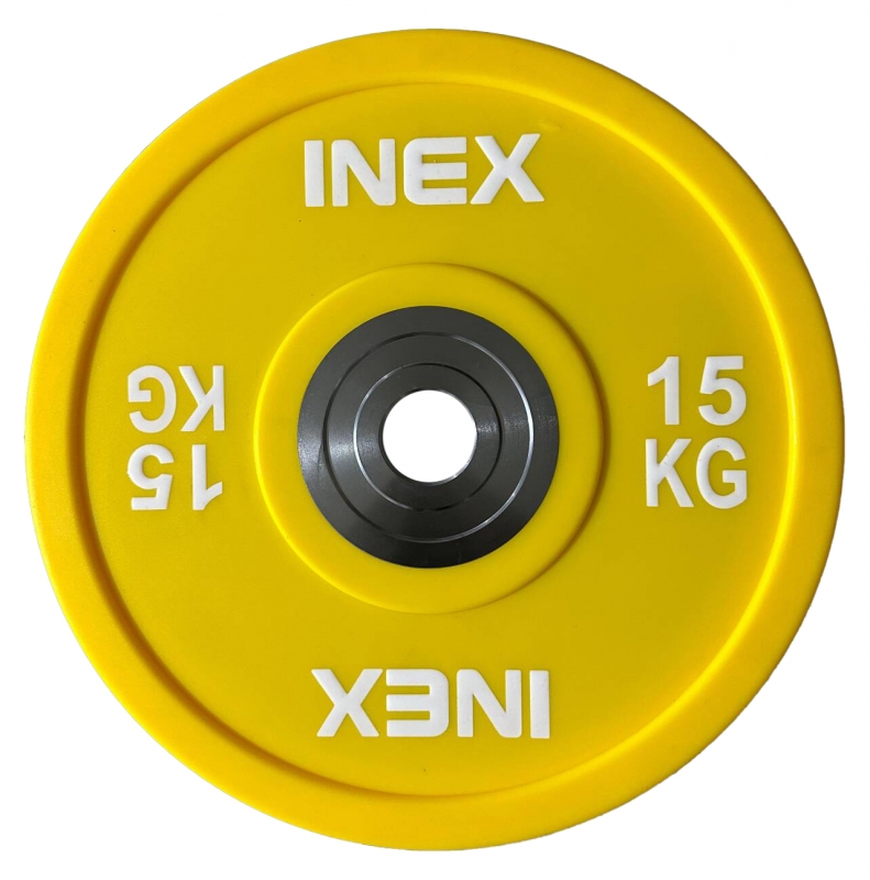 Олимпийский диск в уретане INEX PU Bumper Plate 15 кг, желтый/белый