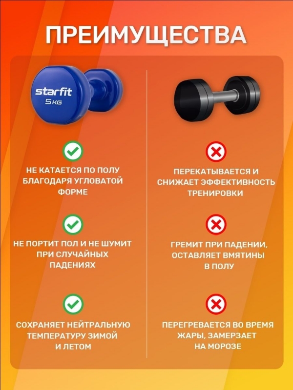 Гантель виниловая DB-101 5 кг, темно-синий, Starfit