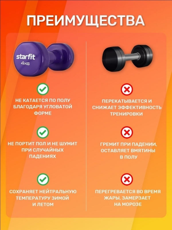 Гантель виниловая STARFIT DB-101 4 кг, фиолетовый.