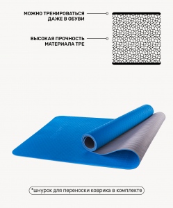 Коврик для йоги FM-201, TPE, 173x61x0,4 см, синий/серый, Starfit