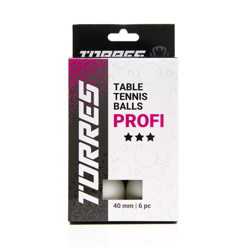 Мяч для наст. тенниса TORRES Profi 3 ×, TT23012, диам. 40+мм, упак. 6 шт, белый