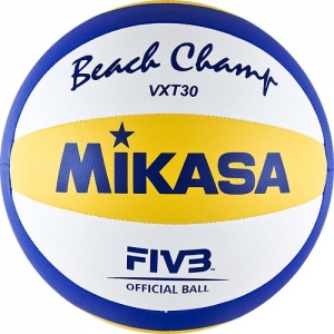 Мяч для пляжного волейбола MIKASA VXT30, мягкая синтетическая кожа (ПУ), машинная сшивка, 10 панелей, бутиловая камера, нейлоновый корд, белый-синий-желтый