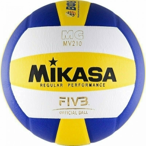 Мяч волейбольный  MIKASA MV210 , р.5, синтетическая кожа (ПУ), клееный, бутиловая камера , бел-жел-син