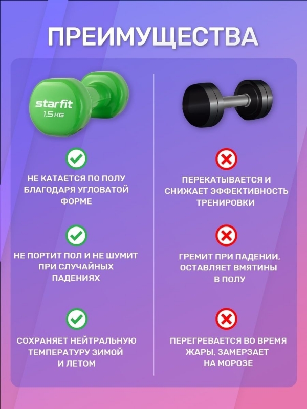 Гантель виниловая DB-101 1,5 кг, зеленый, Starfit