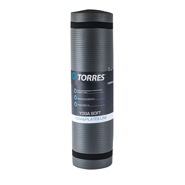 Коврик для йоги TORRES SOFT YL10110, толщина 1 см, каучук, серый