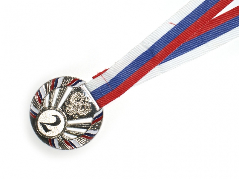 Медаль с лентой "Россия" 2 место (СЕРЕБРО). Диаметр 6.5 см 1804-2