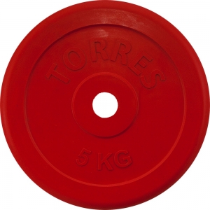 Диск обрезиненный TORRES 5 кг, PL50405, d.25 мм, металл в резиновой оболочке, красный