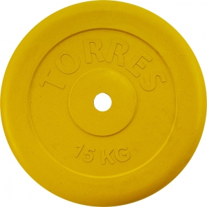 Диск обрезиненный TORRES 15 кг, PL504215, d.25 мм, металл в резиновой оболочке, желтый