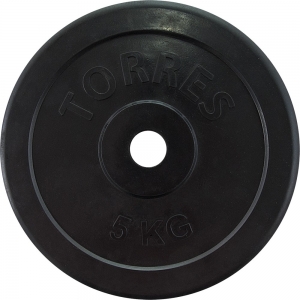 Диск обрезиненный TORRES 5 кг, PL50705, d.25 мм, металл в резиновой оболочке, черный