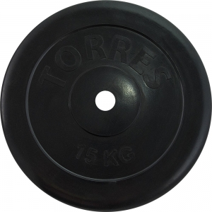Диск обрезиненный TORRES 15 кг, PL507215, d.25 мм, металл в резиновой оболочке, черный