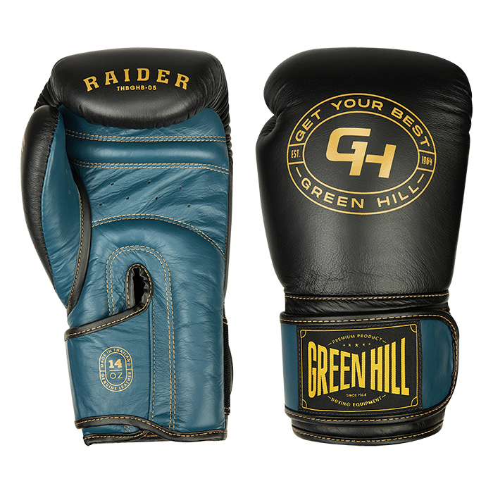 боксерские перчатки RAIDER чёрно-голубой Green Hill THBGHB-05 14oz