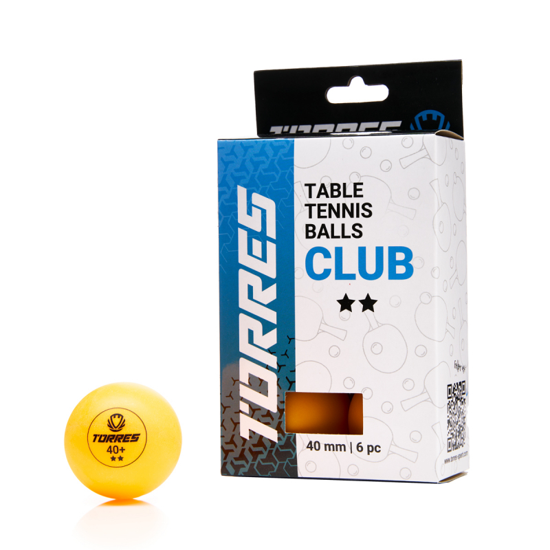Мяч для наст. тенниса TORRES Club 2 ×, TT23013, диам. 40+ мм, упак. 6 шт, оранжевый