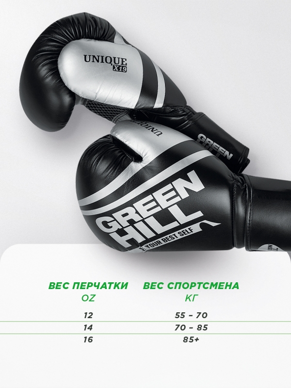 Боксерские перчатки UNIQUE черно-серебристые Green Hill BGU-2308 14oz