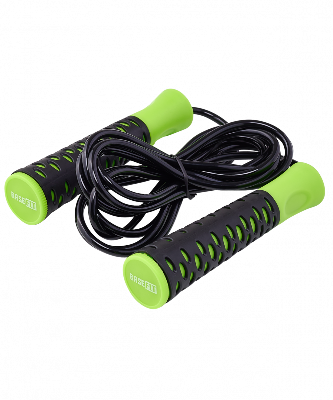 Скакалка RP-103 PVC, с нескользящей ручкой, 3.05 м, черный/зеленый, BASEFIT УТ-00019771