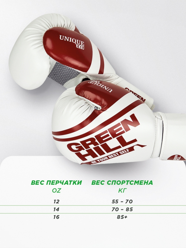 Боксерские перчатки UNIQUE бело-красные Green Hill BGU-2308 14oz