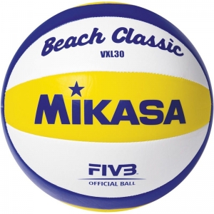 Мяч для пляжного волейбола MIKASA VXL30, размер 5, синтетическая кожа (ТПУ), 10 панелей, машинная сшивка, бутиловая камера, белый-синий-желтый