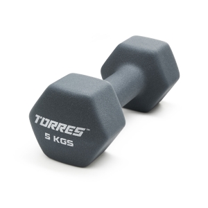 Гантель TORRES 5 кг, PL522505, металл в неопреновой оболочке, форма шестигранник, серый