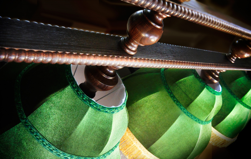 Лампа Аристократ-3 5пл. береза (№1, бархат зеленый, бахрома желтая, фурнитура золото)