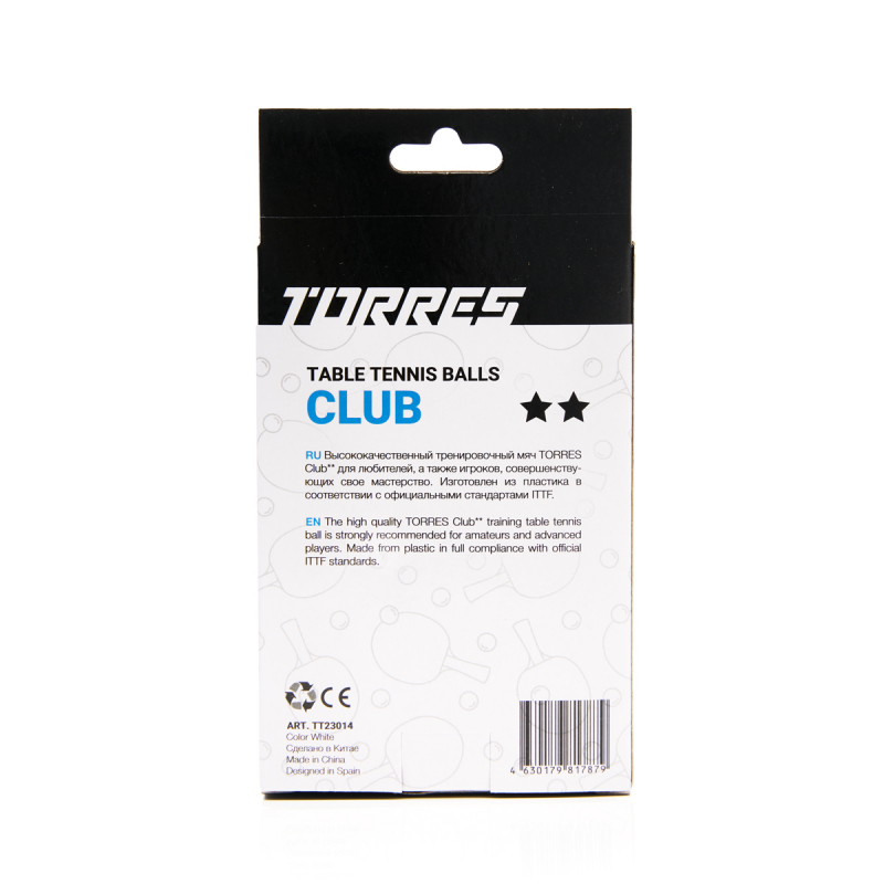 Мяч для наст. тенниса TORRES Club 2 ×, TT23014, диам. 40+мм, упак. 6 шт, белый