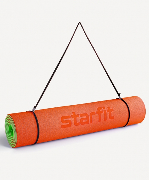 Коврик для йоги и фитнеса FM-201, TPE, 183x61x0,4 см, оранжевый/зеленый, Starfit