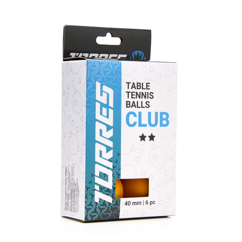Мяч для наст. тенниса TORRES Club 2 ×, TT23013, диам. 40+ мм, упак. 6 шт, оранжевый
