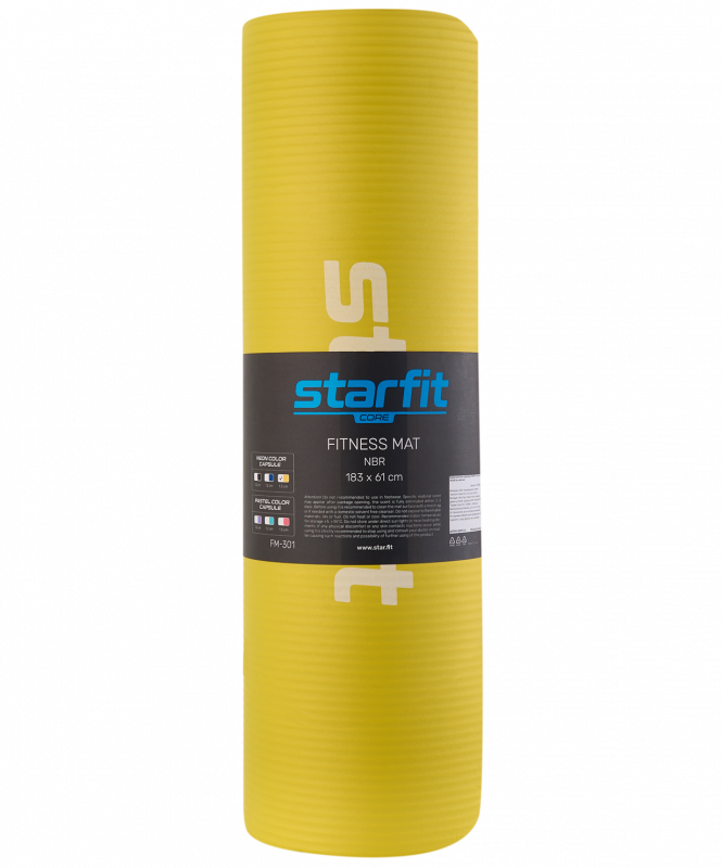 Коврик для йоги и фитнеса FM-301, NBR, 183x61x1.5 см, желтый, Starfit УТ-00018922